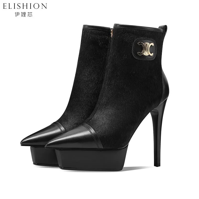 Yili Xin 12cm Ultra-High Heel Short Boots for Women, Stiletto Ankle Boots, Waterproof Platform Fashion Boots, Pointed Toe Sky-High Boots for Winter Yili Xin 12cm Ultra-High Heel Short Boots for Women, Stiletto Ankle Boots, Waterproof Platform Fashion Boots, Pointed Toe Sky-High Boots for Winter