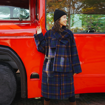 Deer and bird scarf collar foreign style plaid wool jacket loose thin temperament woolen coat 2 color 2485