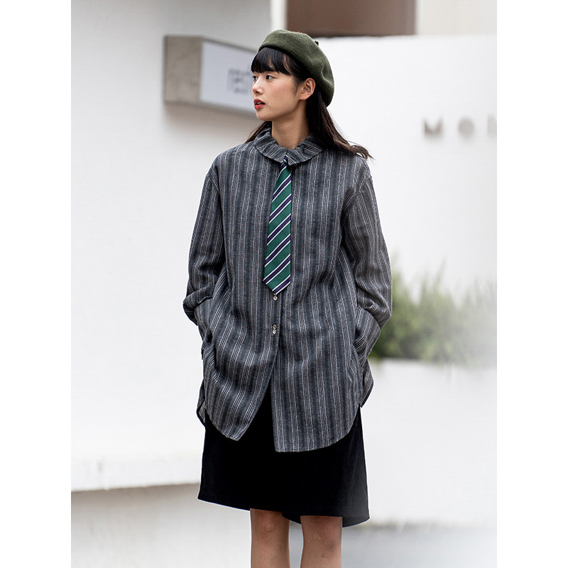 Deer and flying bird personality Folds Metal Sensation Fabric Style in the middle of a long shirt striped shirt 2 color 3845 -Taobao