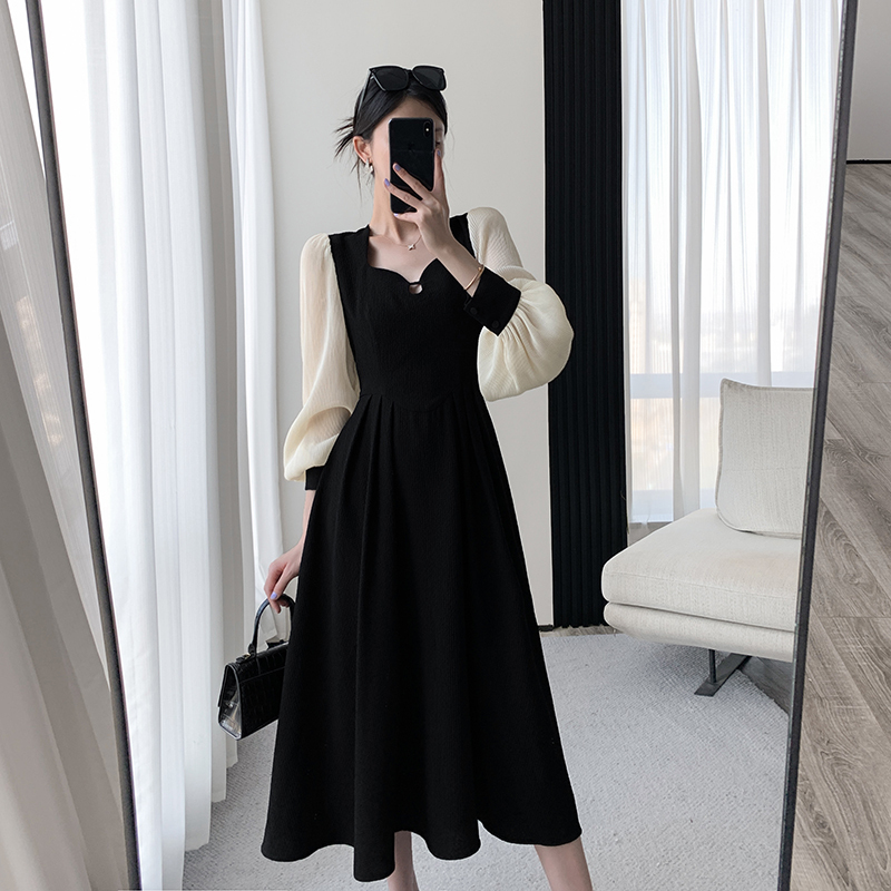 Early Spring and Early Autumn French Style Hepburn Style Long-Sleeved Dress Plus Size Fat mm Waist-Covering Belly Slimming Look Little Black Dress