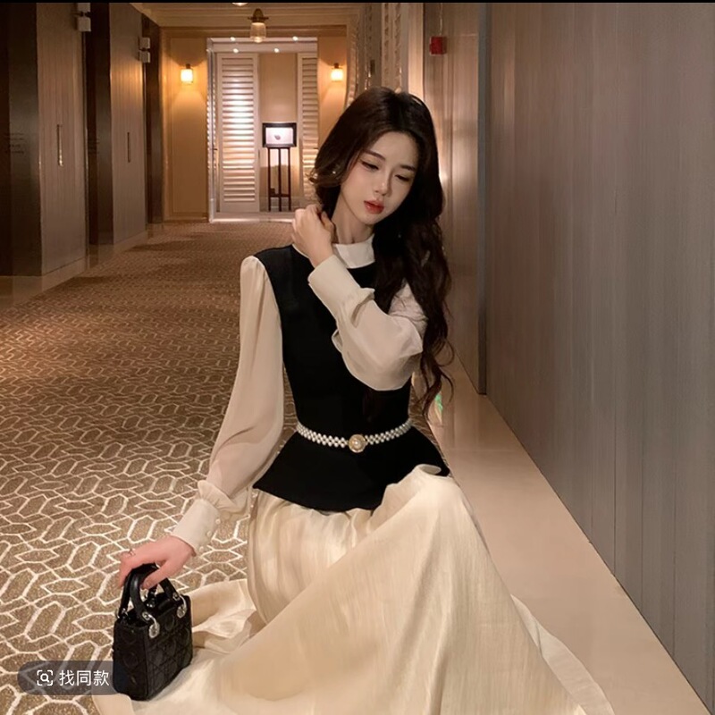 French-Style Elegant and Sophisticated Two-Piece Spliced Long-Sleeve Dress, Plus Size, Waist-Cinching, Stylish Color-Blocking Long Dress