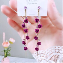 Purple earrings retro Super fairy purple rose flower earrings 2020 New Tide temperament Net red exaggerated long stream