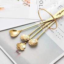 Korean yellow aluminum cutlery Net red cherry blossom small spoon cute creative stainless steel long handle spoon coffee mixing spoon ice Qi