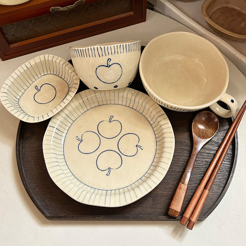 Retro-Style Small Apple Bowl and Plate Set for One Person, Hand-Painted Dessert Plate, Dining Bowl, Yogurt Oatmeal Bowl, Postpartum Meal Plate