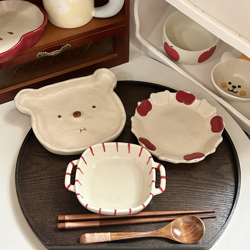 Cute Cartoon Ceramic Tableware Set for Home Use, Underglaze Colored Bowls and Plates, Single-Serving Postpartum Tableware with a Sense of Ceremony