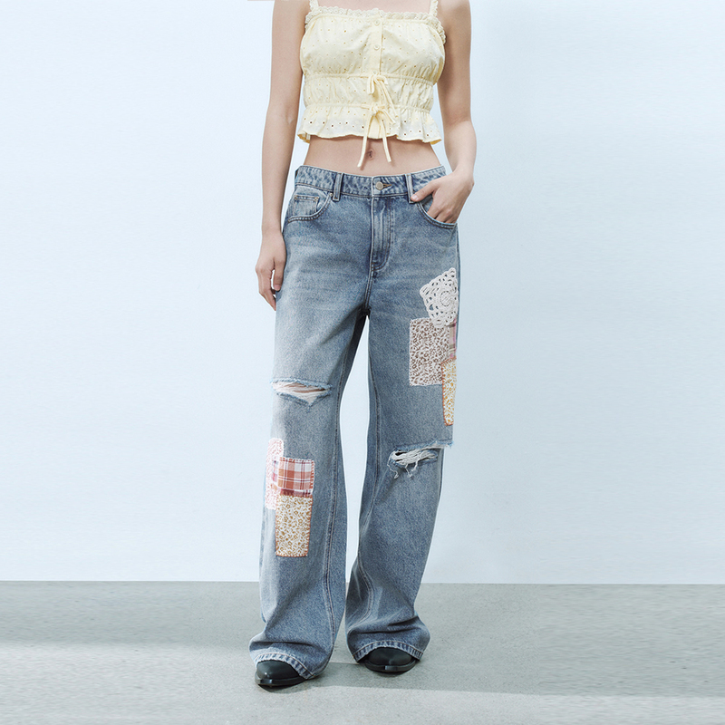 Ur Domestic Purchasing Agent 2025 Summer Women's Casual Patchwork Print Fashionable Distressed Denim Pants Uyl850062