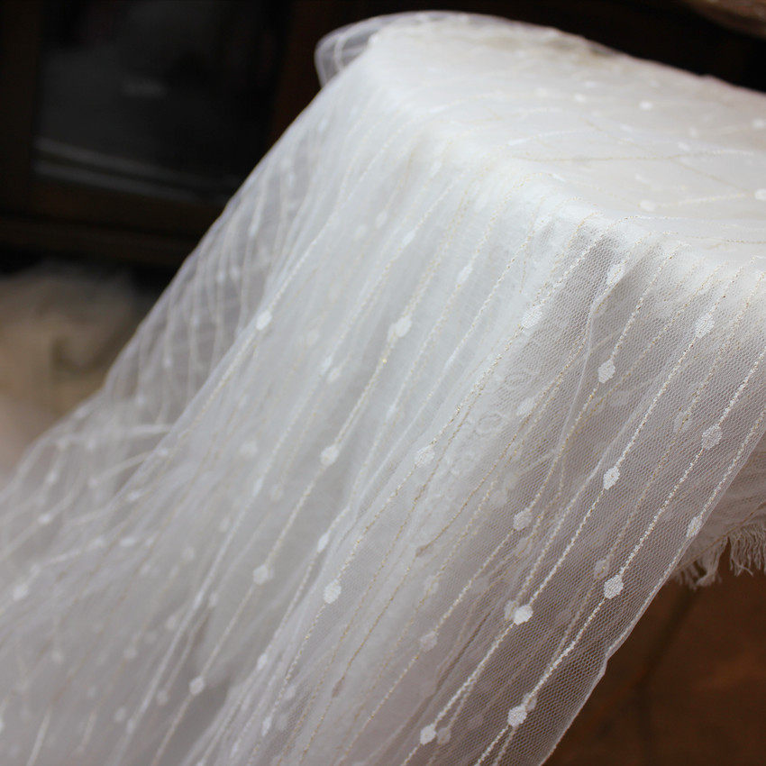 White gold lace striped embroidery mesh photo background clothing fabric mesh dress fabric