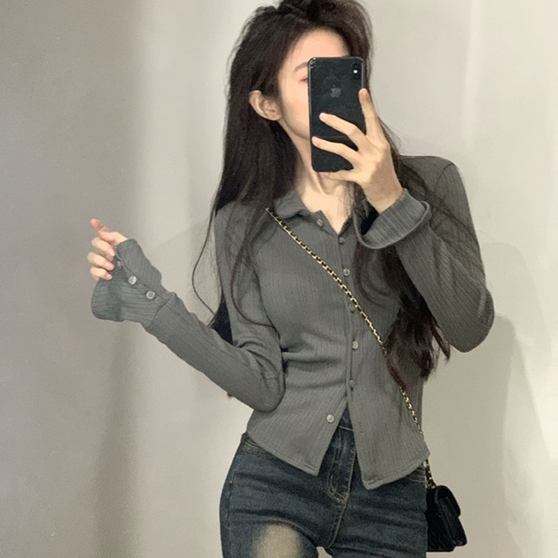 French Retro Long-Sleeved T-Shirt for Women, Spring and Autum Outer Wear Button-Down Shirt, Slim-Fitting Inner Layering Shirt, Bell-Sleeved Top