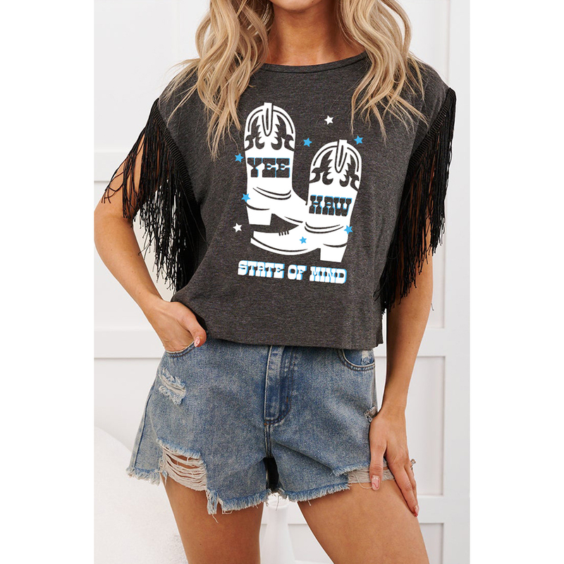 Dear-Lover American-Style Tassel Design Short-Sleeve T-Shirt for Women, New Summer Denim Boot Print Sleeveless Top for Women Dear-Lover American-Style Tassel Design Short-Sleeve T-Shirt for Women, New Summer Denim Boot Print Sleeveless Top for Women