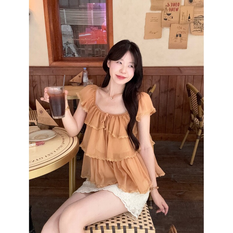 Plus-Size Sweet Lace-Trimmed Flutter-Sleeve Shirt for Summer, New Style, Slimming, Versatile, Stylish Ruffle Top