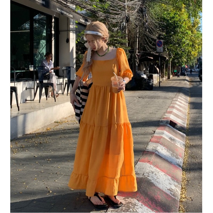 Plus Size Sweet Solid Color Puff Sleeve Dress Summer New Square Neck Waist-Cinching Slimming Design Over-The-Knee Long Dress Plus Size Sweet Solid Color Puff Sleeve Dress Summer New Square Neck Waist-Cinching Slimming Design Over-The-Knee Long Dress