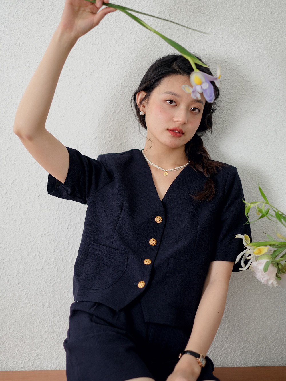 Botanique Botanical Original Design Vintage Gold Button French V-Neck Suit