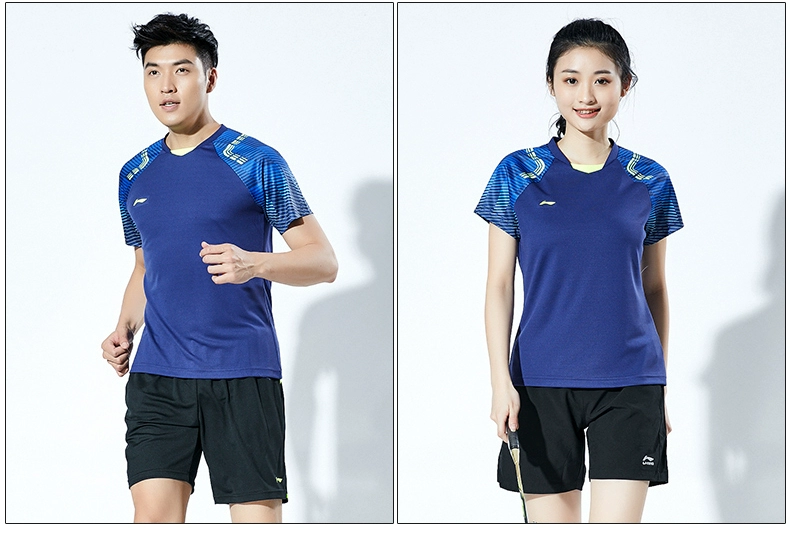 Li Ning cầu lông quần áo phù hợp với phụ nữ ngắn tay nhanh khô quần áo của nam giới thể thao phù hợp với cầu lông quần áo mùa hè vợt yonex