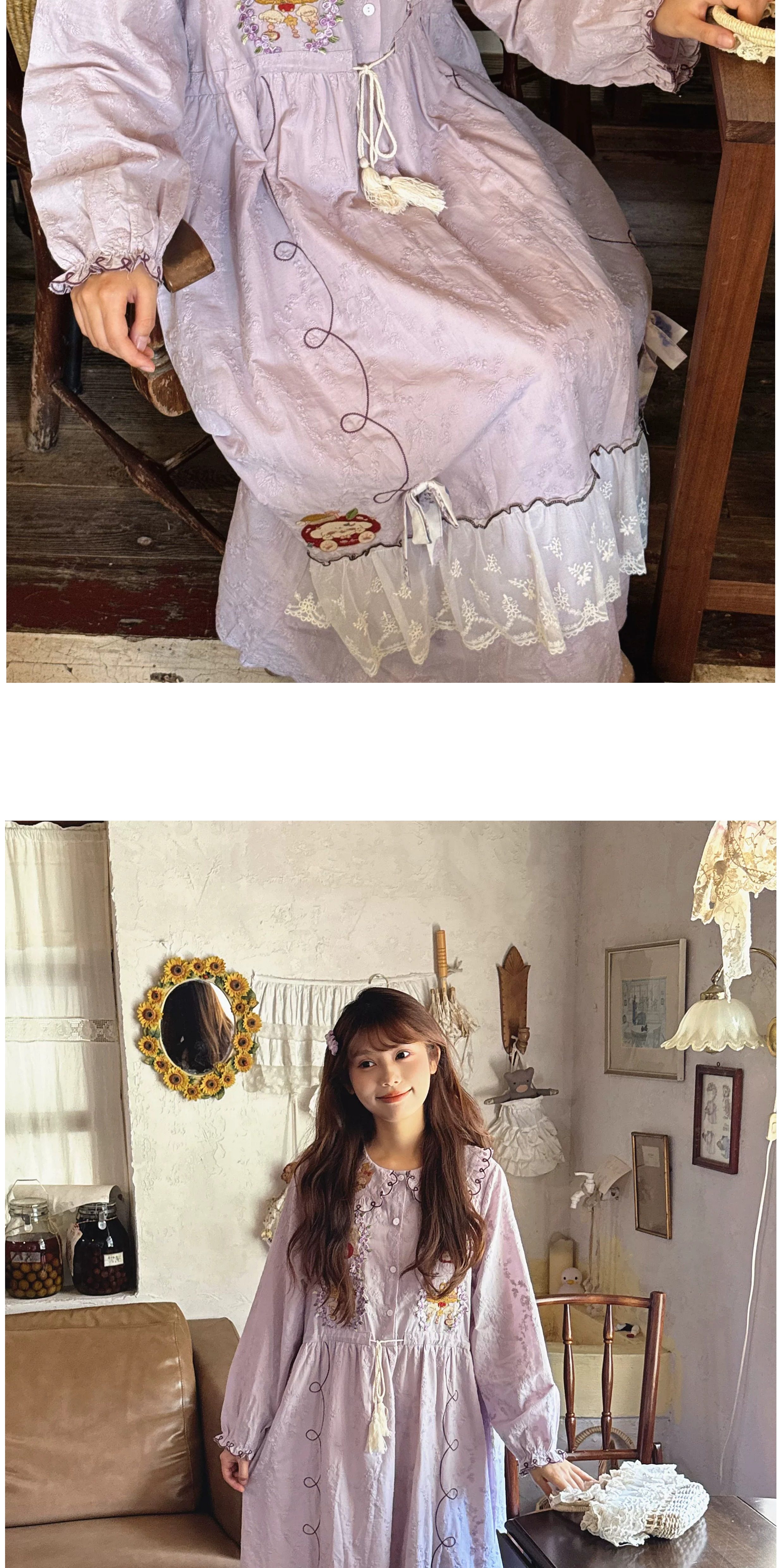 보헤미안 복고풍 모리걸 순면 원피스 (라일락) 빅사이즈 원피스 임부목 집시 히피룩