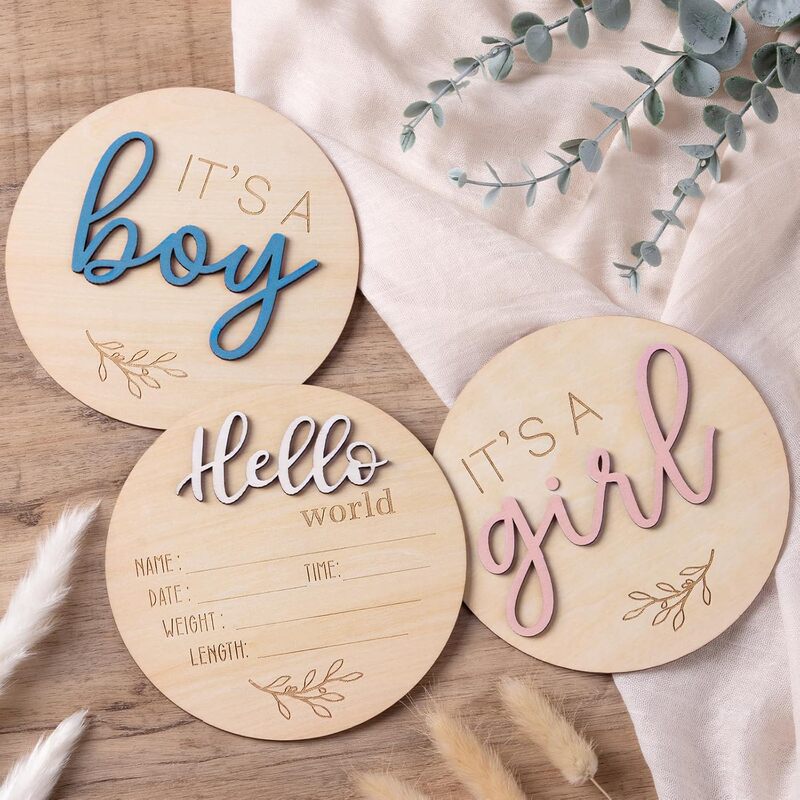 Hello World Newborn Commemorative Wooden Sign Gender Reveal It's a Boy Girl Photo Atmosphere Props