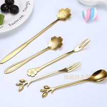 Golden net red cherry blossom cake fork stainless steel fruit fork cute restaurant home small fresh flower fork