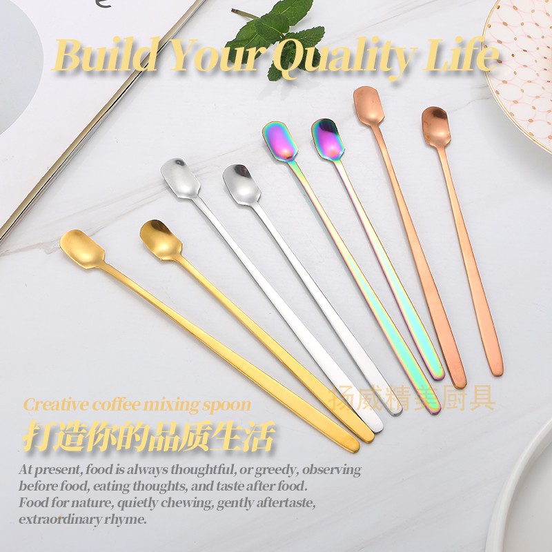 Stainless Steel Sweet Spoon Gold Plated Coffee Stirring Spoon Creative Square Head Long Handle Spoon Bar Ice Spoon Custom LOGO