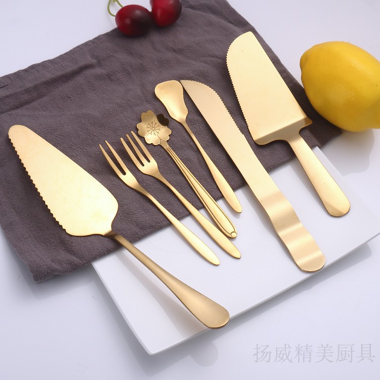 Stainless Steel Golden Knife Fork Spoon Fruit Fork Cake Knife Fork Set Sweet Pitchfork Spoon Mooncake Knife Fork Spoon