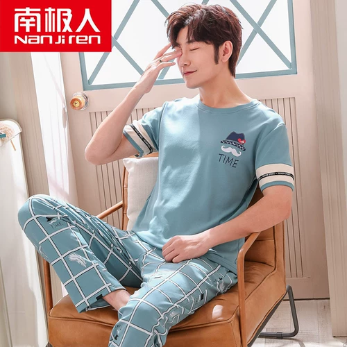 Хлопковая летняя пижама, тонкие штаны, комплект, в корейском стиле, 2021 года, короткий рукав, простой и элегантный дизайн