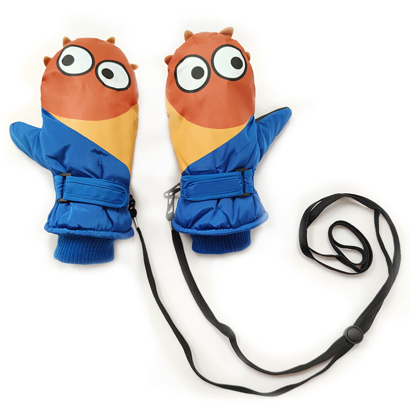Children ski gloves outdoor sports windproof and waterproof warm and velvety thickened with cute male and female children with anti-lose rope