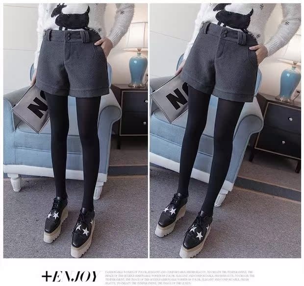 Quần short len ​​cạp cao nữ mùa thu đông mới size lớn là quần lửng ống rộng ống rộng mùa đông mặc quần đế dày đế bệt shop quần áo nữ