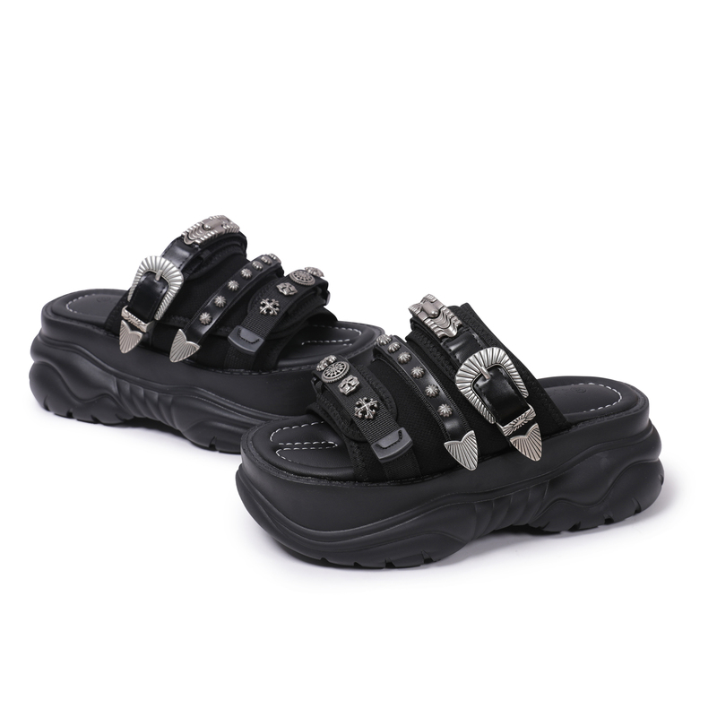 Punk Heavy Metal Platform Sandals for Women, New Summer Style, Retro Gothic Design, One-Strap Buckle Height-Increasing Slippers, Trendy
