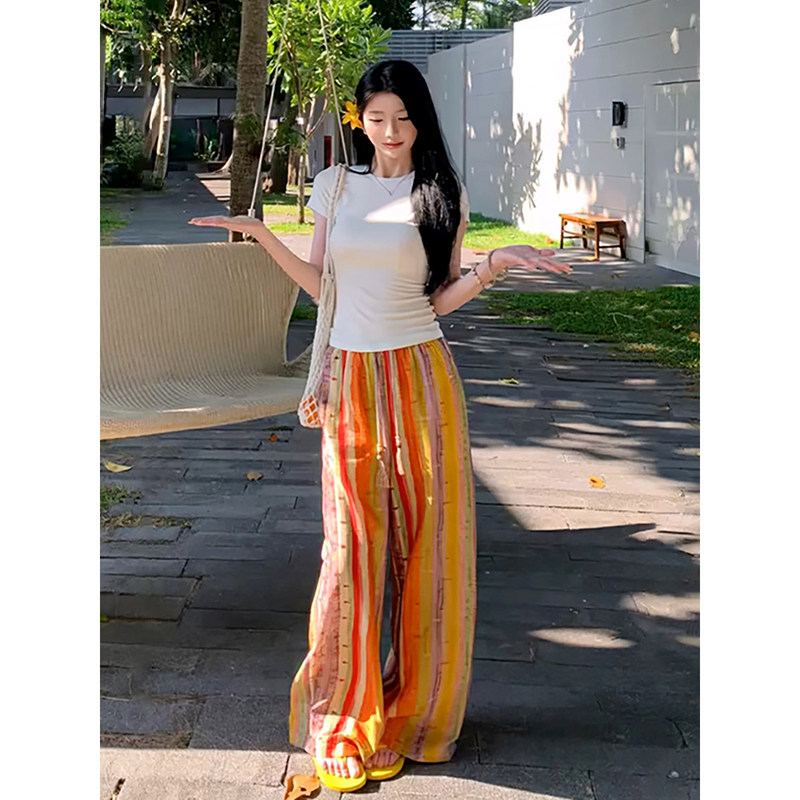 Retro Bohemian Style Rainbow Print Walking Pants for Women, New Summer Design, Loose Casual Wide-Leg Pants