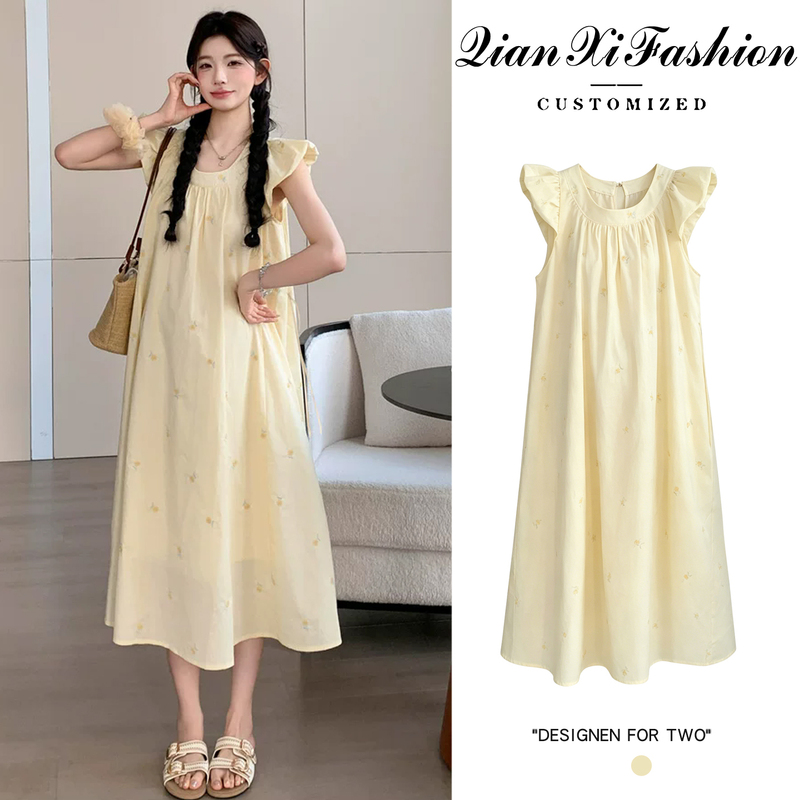 Maternity Wear Summer Dress 2026 New Style Dress for Pregnant Mothers, French Style Fashion, Age-Reducing, Slimming, Flutter-Sleeve Summer Long Dress