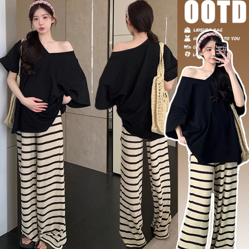 Maternity Summer Clothes 2026 New Top Set Trendy Mom Pregnancy Outfit Fashionable Loose Wide-Leg Pants Summer Two-Piece Set