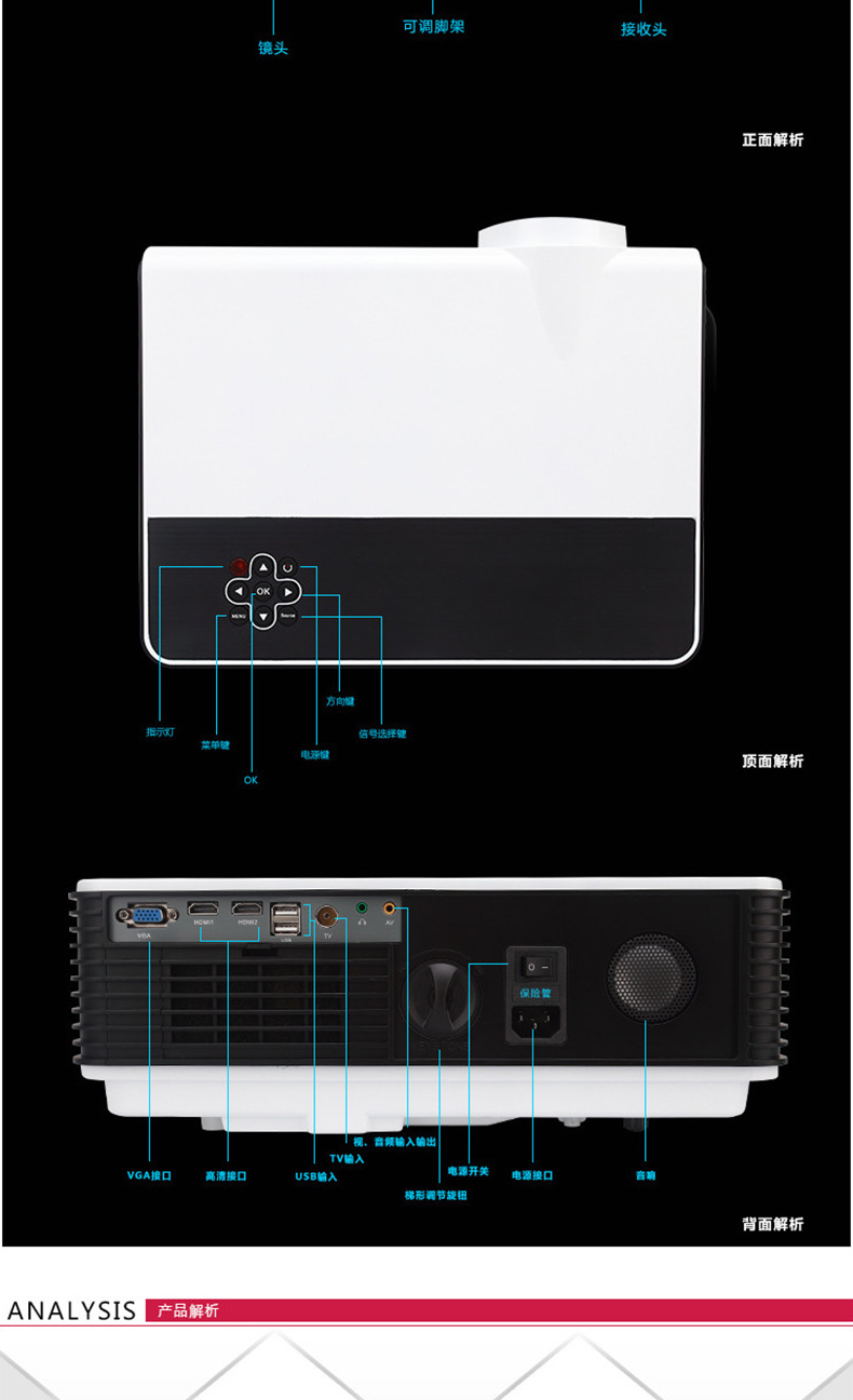 Máy chiếu HD RigalRD-808 Máy chiếu LED gia đình 1280 × 800 được tích hợp tùy chọn Android - Máy chiếu