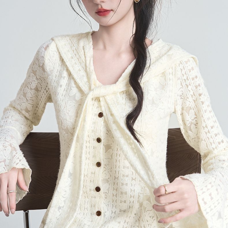 Autumn and Winter French Gentle Style Shawl V-Neck Long-Sleeved Lace Shirt New Bell-Sleeve Top Autumn and Winter French Gentle Style Shawl V-Neck Long-Sleeved Lace Shirt New Bell-Sleeve Top