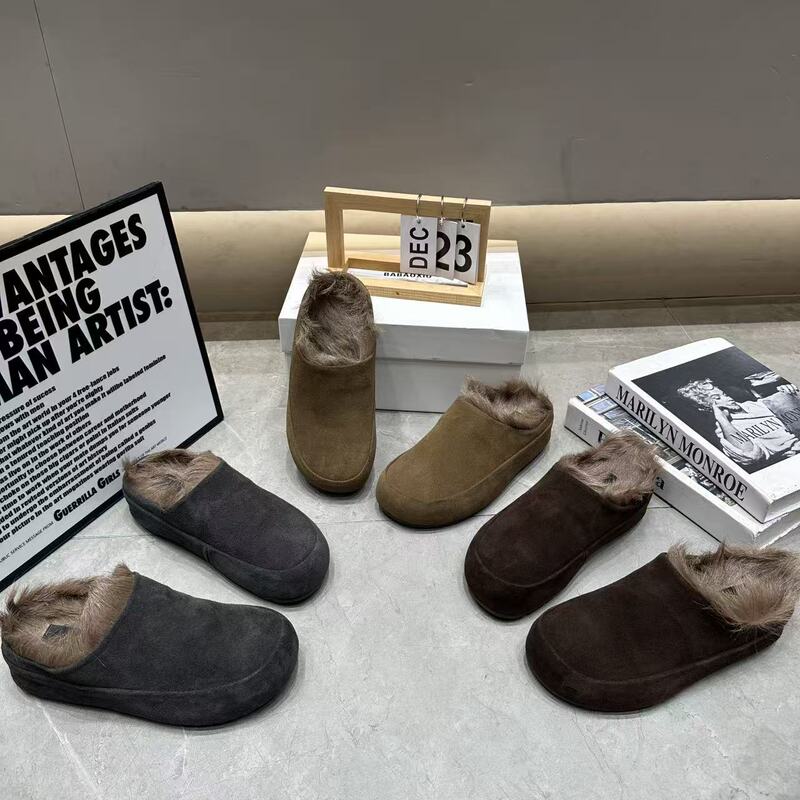 Babaoxiu 2026 Winter Closed-Toe Plush Cotton Slippers, Lazy and Relaxed Style, Round-Toe Matte Plush Birkenstock-Style Cotton Slippers