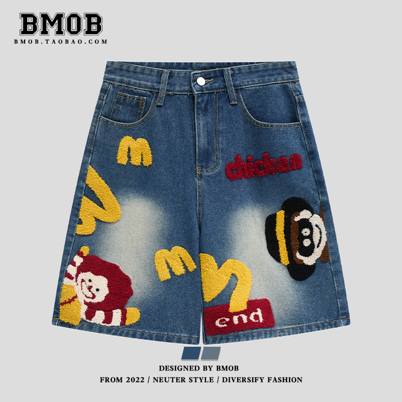 Bmob American Retro Fun Towel Embroidery Denim Shorts for Men and Women, Summer Trendy Brand Mcdonald's Cartoon Shorts
