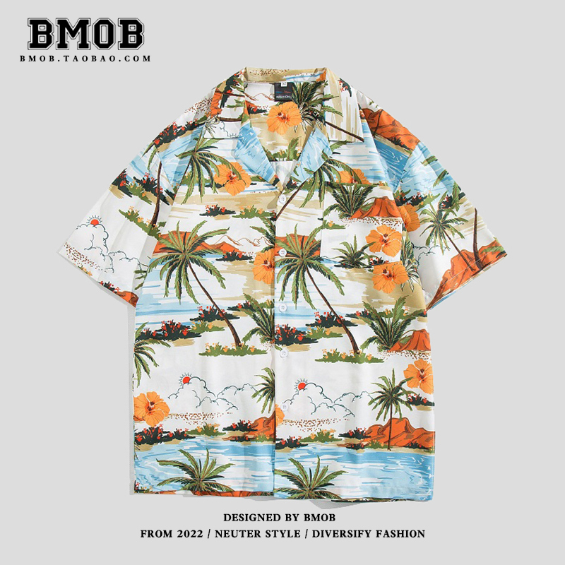 Bmob Summer Thin Short-Sleeved Shirt Men's Trendy Brand ins Hawaiian Loose Casual Beach Vacation Floral Shirt