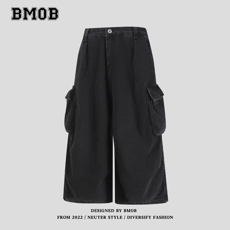 Bmob Workwear Multi-Pocket Wide-Leg Pants Unisex Design Loose Fashion Cropped Pants Denim Summer High Street Shorts Trendy Bmob Workwear Multi-Pocket Wide-Leg Pants Unisex Design Loose Fashion Cropped Pants Denim Summer High Street Shorts Trendy
