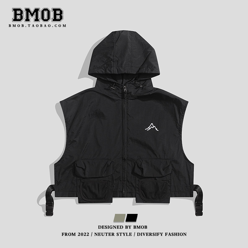 BMOB Men's Functional Workwear Short Vest, Summer Dark Style Trendy American High Street New Vest, Layering Loose Fit