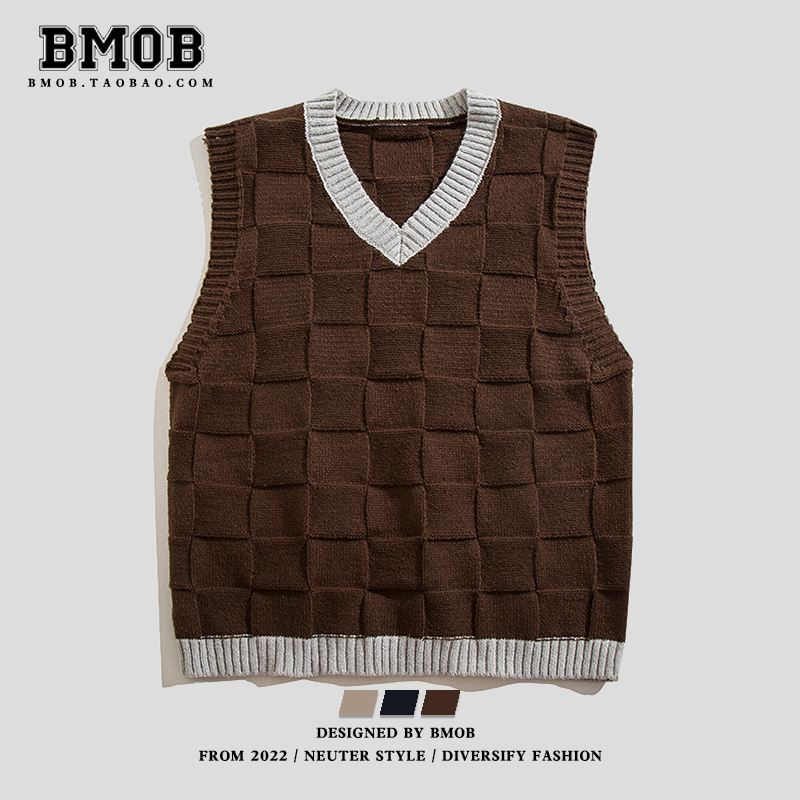 Bmob Plaid Knitted Vest for Men, Spring and Autumn, Japanese Retro Style, Loose Casual Layered Sleeveless Sweater Vest, Trendy