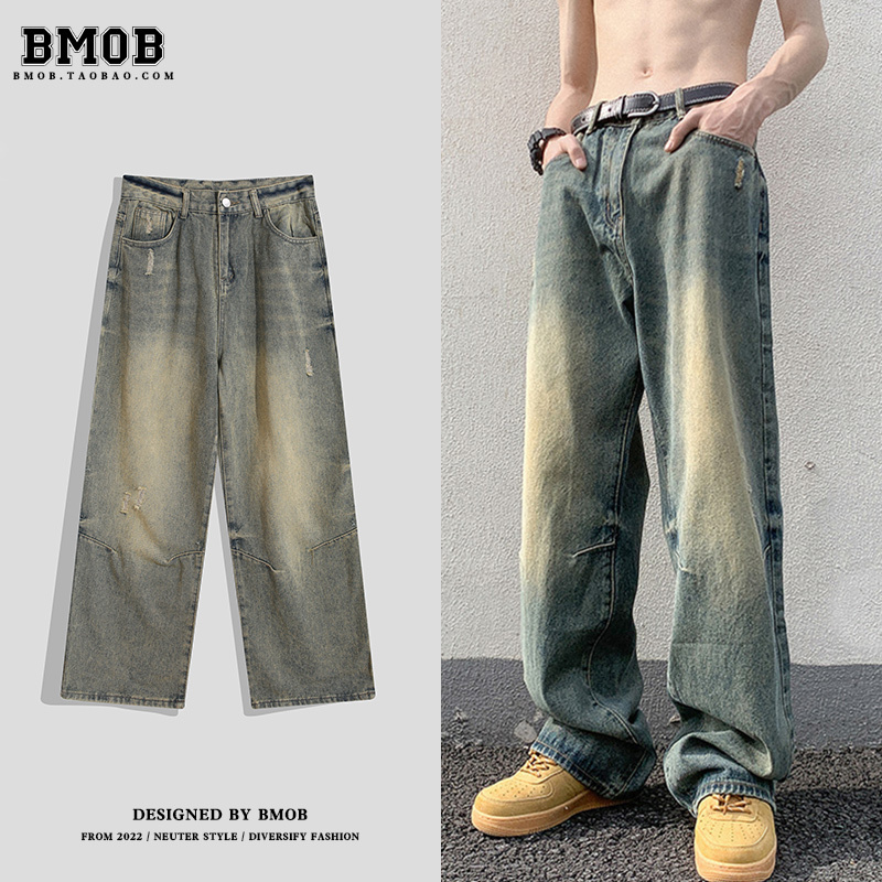 Bmob American-Style Men's Jeans, Ripped and Floor-Length, Street-Style, Cool, Retro, Loose, Distressed, High Street Fashion Brand, Hip-Hop, Straight-Leg