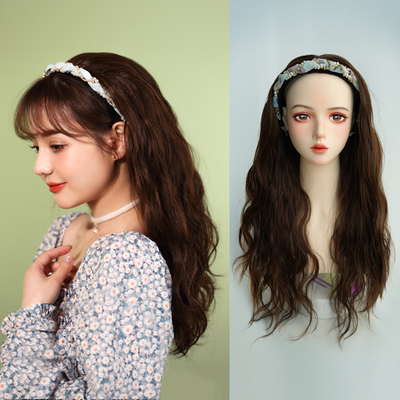 taobao agent The hair hoop wigs can be removed with long curly hair, big wavy ribbon, simulation of lazy natural fashion half -head set