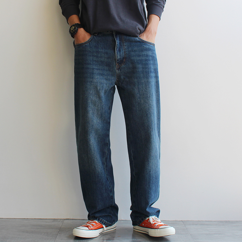 Autumn Original Classic Blue Jeans for Men, Washed Vintage Trendy Large Size Loose Long Pants Casual Jeans for Autumn and Winter