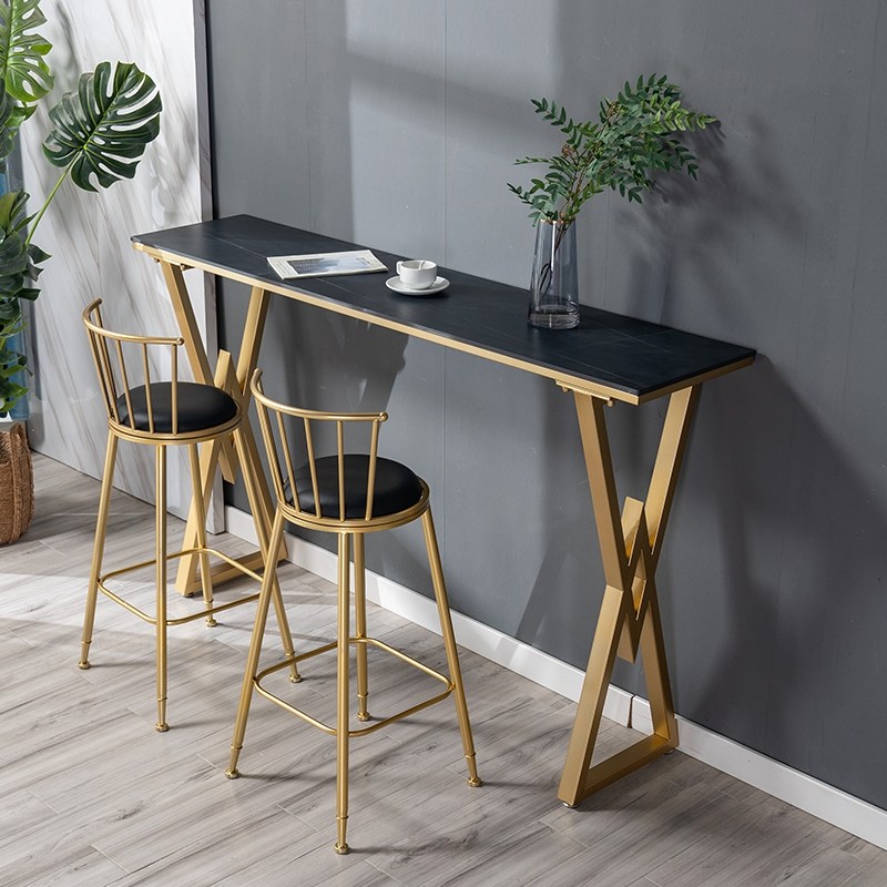 Light luxury slate bar table home milk tea shop bar table and chairs Nordic iron art against the wall marble long high table