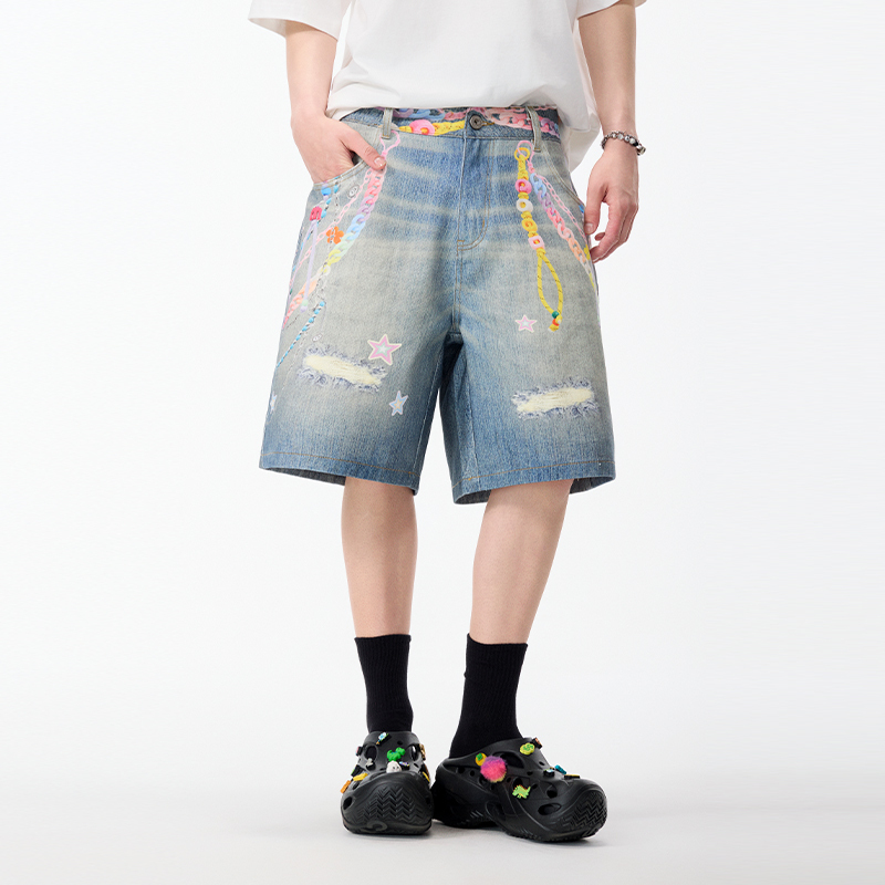 Lamlicka Rainbow Chain Print Faux Denim Casual Shorts Trendy Sports Loose Versatile Pure Cotton Knee-Length Shorts Lamlicka Rainbow Chain Print Faux Denim Casual Shorts Trendy Sports Loose Versatile Pure Cotton Knee-Length Shorts