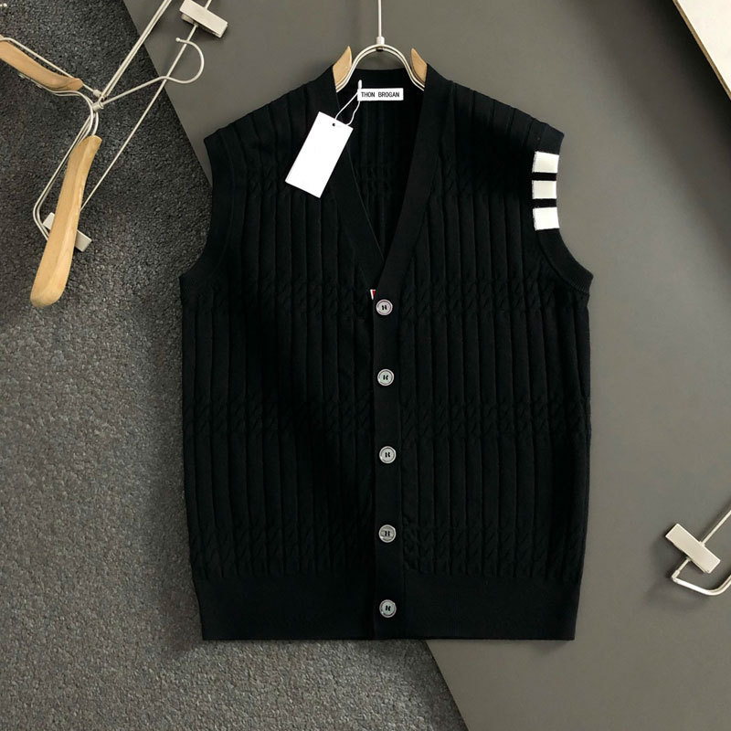 Trendy Brand Autumn and Winter New Tb Cable Knit Cardigan Vest Sweater Unisex V-Neck Knitwear Sleeveless Vest Casual Jacket