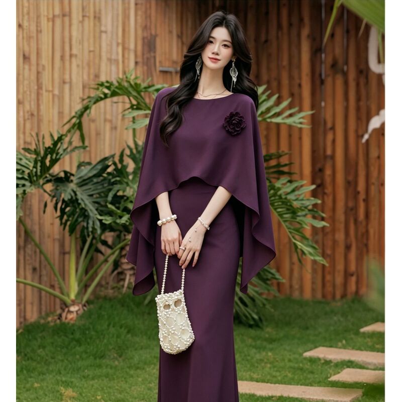 Light Luxury Texture, Purple Flowing Cape Shawl with Three-Dimensional Floral Embellishments, Loose-Fitting Elegant Dress Two-Piece Set Light Luxury Texture, Purple Flowing Cape Shawl with Three-Dimensional Floral Embellishments, Loose-Fitting Elegant Dress Two-Piece Set