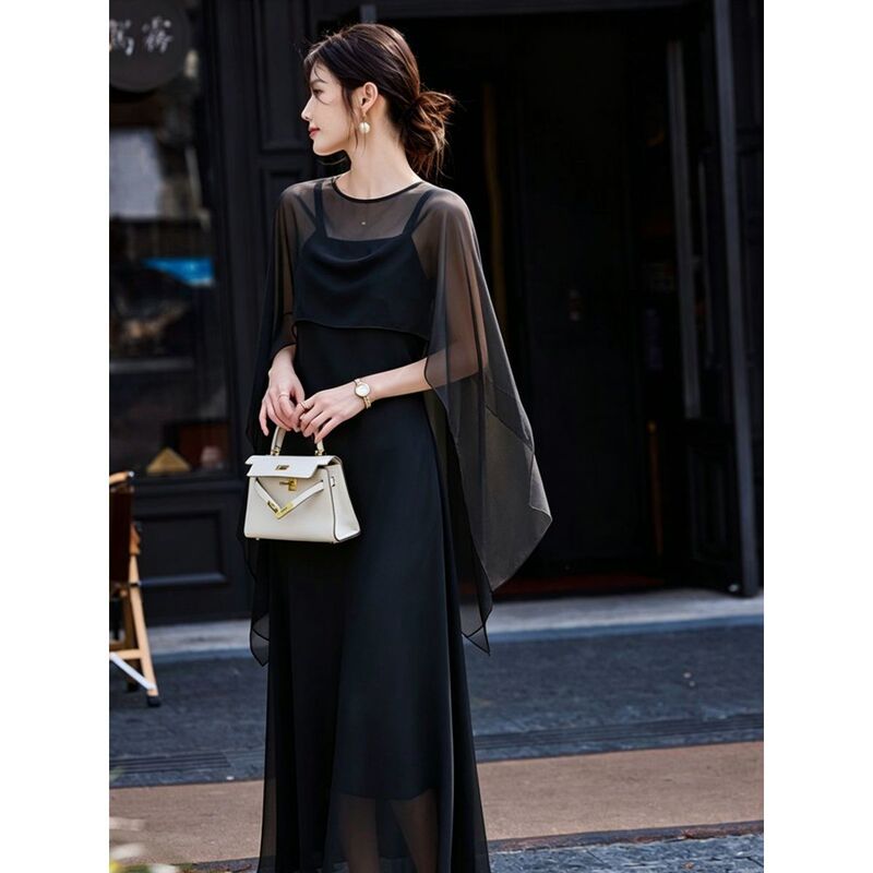 Elegant Socialite Black Mesh Cape Dress Two-Piece Set Summer Waist-Cinching Slimming Elegant Light Luxury Style Long Dress