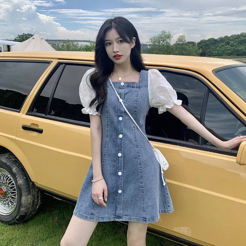 Lace Patchwork Denim Dress for Women, Summer Short-Sleeve Thin French Sweet First Love Style, Loose Waist-Cinching Faux Button Dress Lace Patchwork Denim Dress for Women, Summer Short-Sleeve Thin French Sweet First Love Style, Loose Waist-Cinching Faux Button Dress