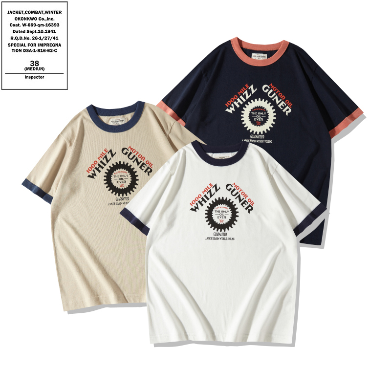 Paranza Lunga Motorcycle Gear Print T-Shirt Color-Blocked Ribbed Short-Sleeve Tee Paranza Lunga Motorcycle Gear Print T-Shirt Color-Blocked Ribbed Short-Sleeve Tee