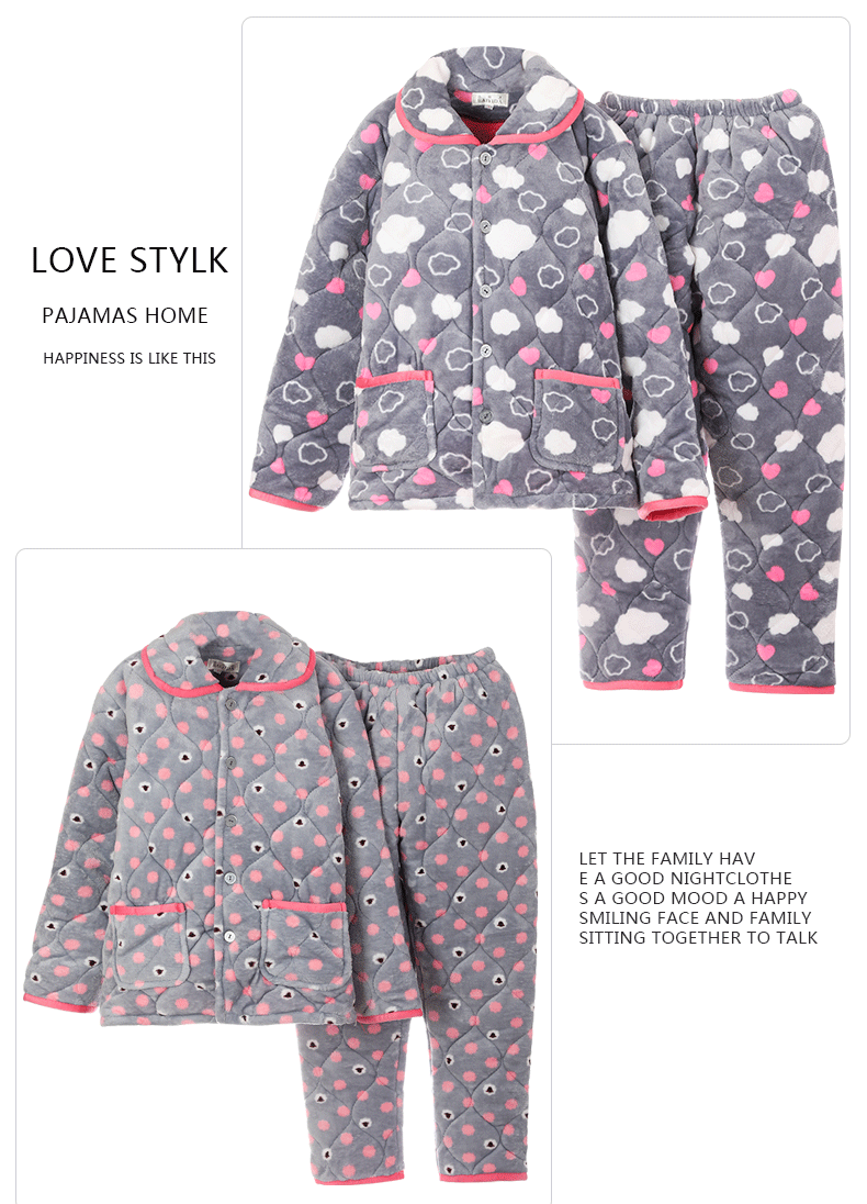 Đồ ngủ mùa đông nữ san hô flannel fluffy ngọt ngào dễ thương trung niên dày ba lớp chần mặc bộ đồ ấm áp bộ mặc nhà đẹp