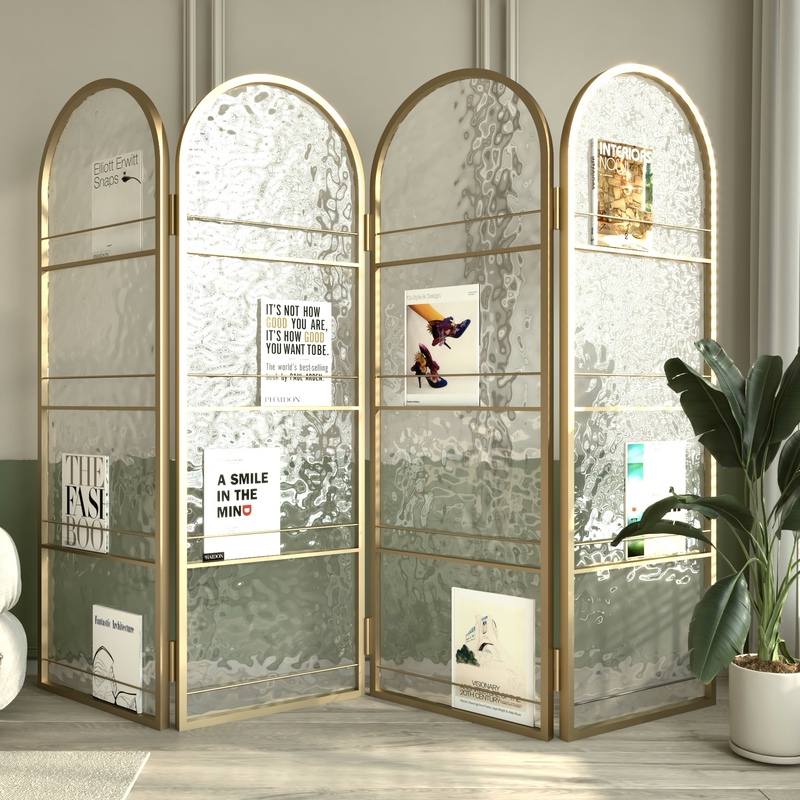 Cream-Colored Wrought Iron Long Rainbow Glass Screen Partition for Living Room, Entrance, Guesthouse, Hotel, Foldable and Movable Decorative Folding Screen