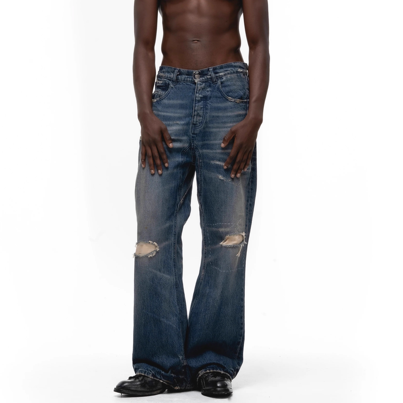 No/Faith Studios Italy Washed Blue Whiskered Patchwork Ripped Flared Denim Pants